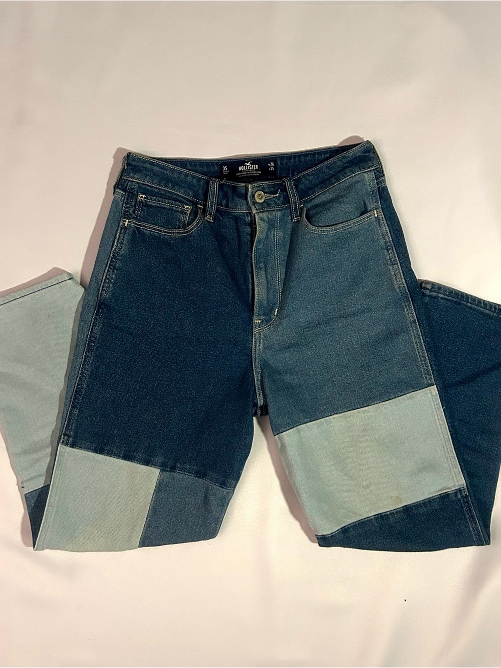 Hollister Patchwork Two-Tone Denim Jeans - Dark & Light Blue